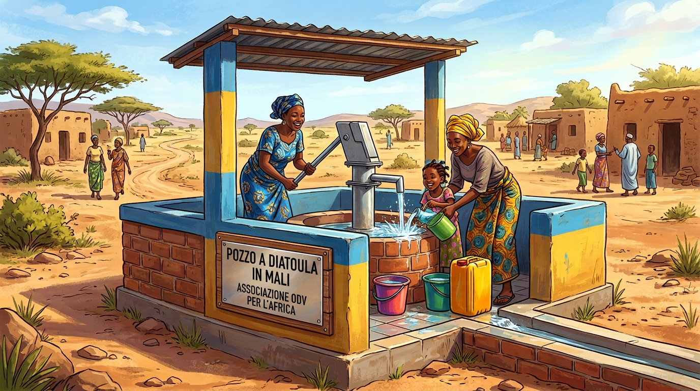 Community well sign reading “PUITS COMMUNAUTAIRE – MALI 2026 – RÉALISÉ PAR L’ASSOCIATION [STYLE] – ENSEMBLE POUR L’EAU,” with women, a child, and water containers.